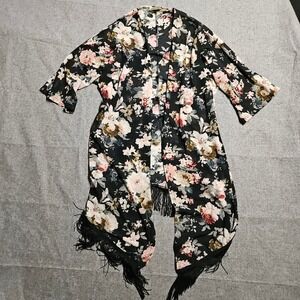 Floral Kimono Black Pink Bohemian Fringe Cardigan Cover‎ Up Medium
